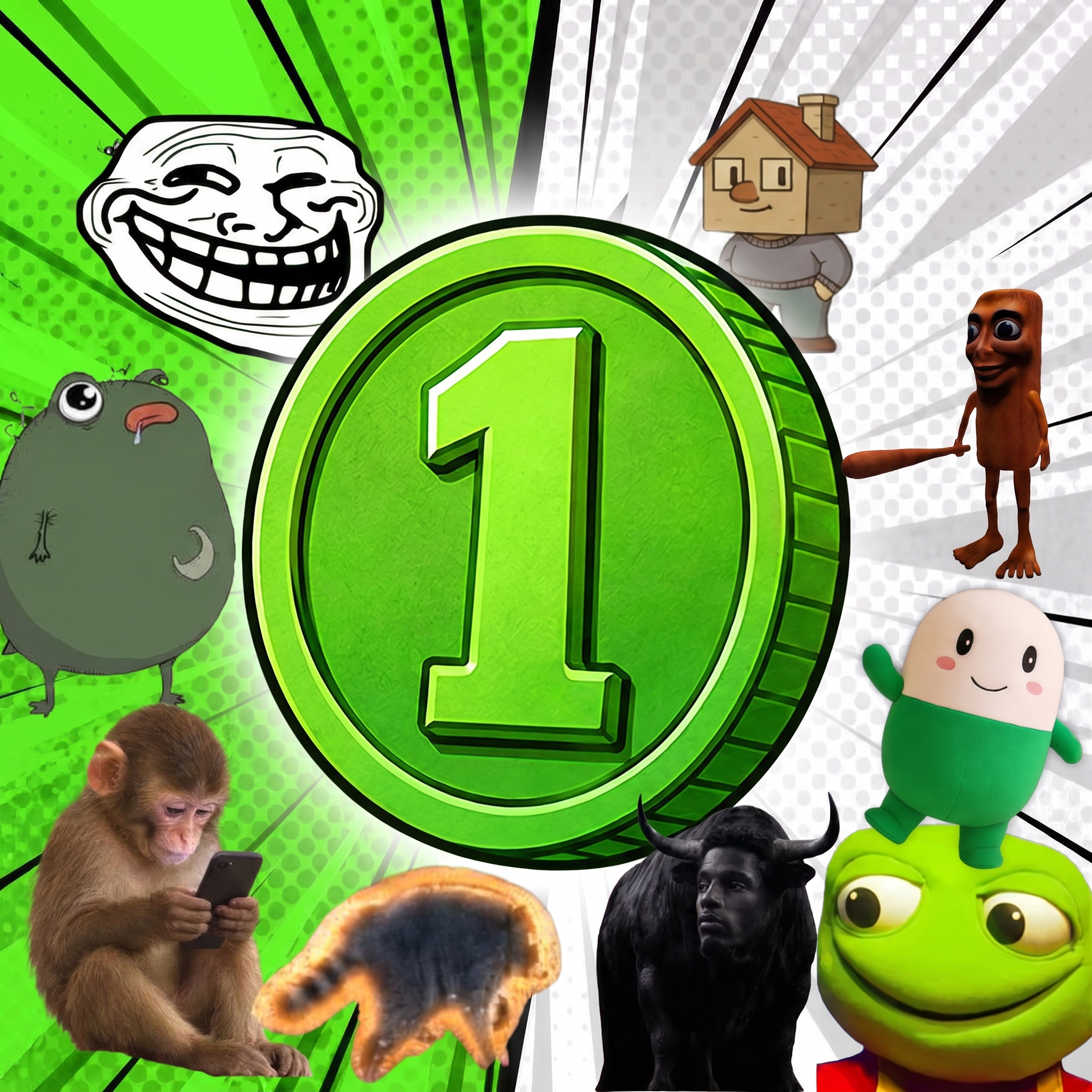 The One coin at the center of an internet meme collage