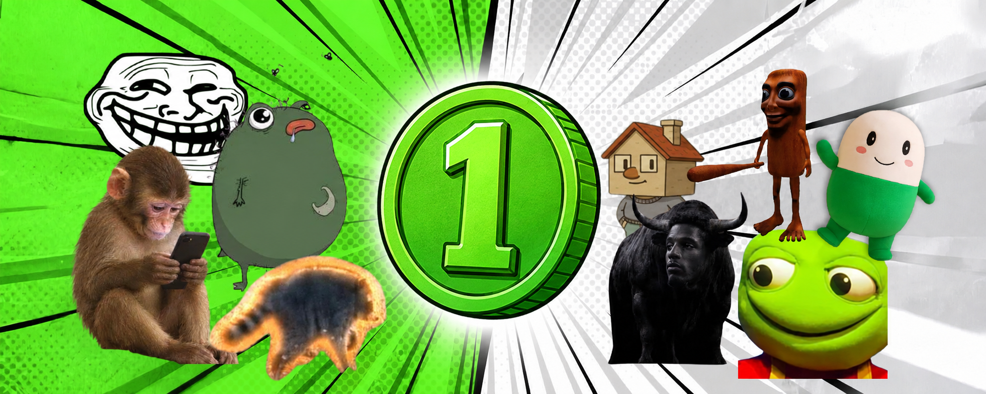 The One coin surrounded by internet meme characters
